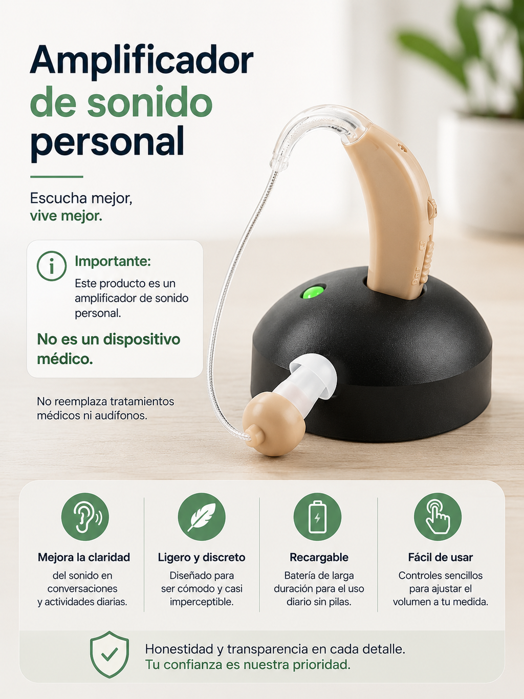Audífono amplificador recargable