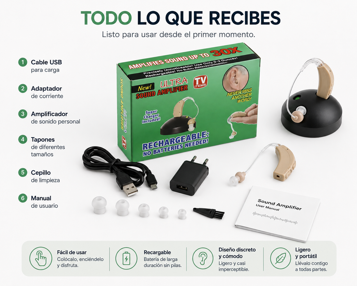 Audífono amplificador recargable